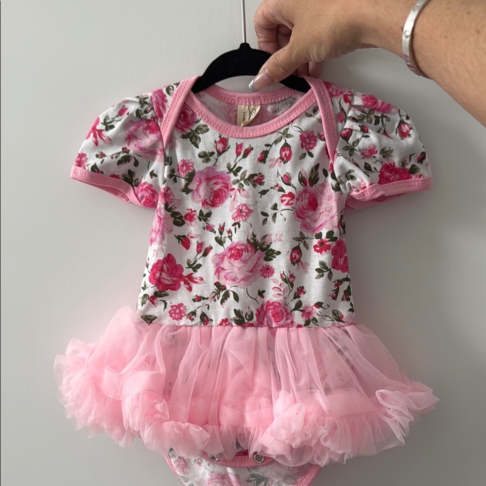 Floral Baby Onesie with Pink Tulle Skirt